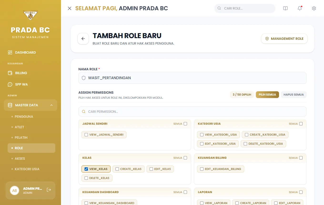 Contoh role baru dengan tiga permission.
