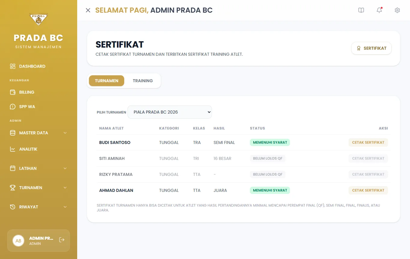 Tab Turnamen: pilih turnamen, lalu daftar peserta beserta status kelayakannya.