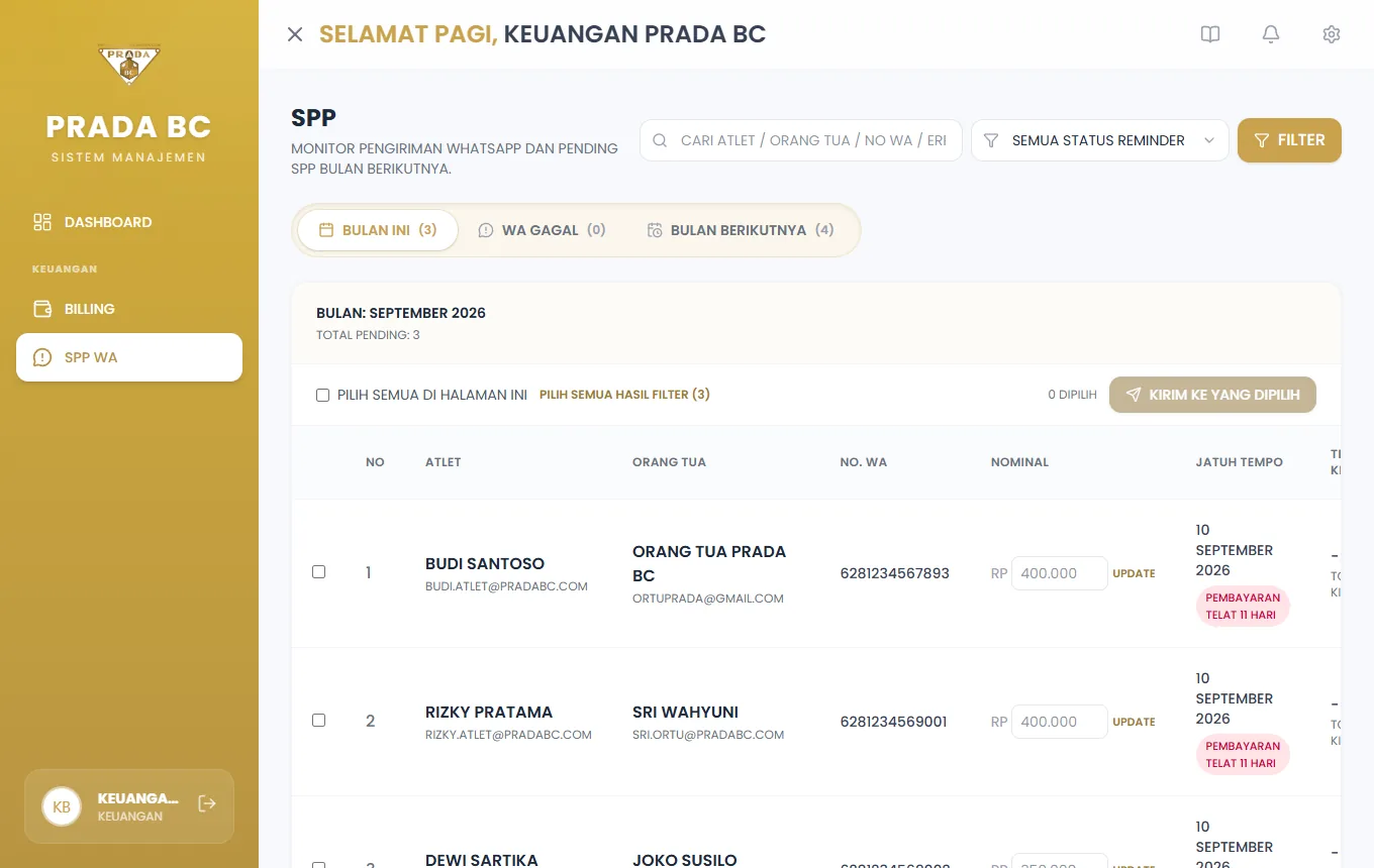 SPP WA — tab **Bulan Ini**: invoice bulan berjalan lengkap dengan nominal, jatuh tempo, status reminder, dan tombol Payload.