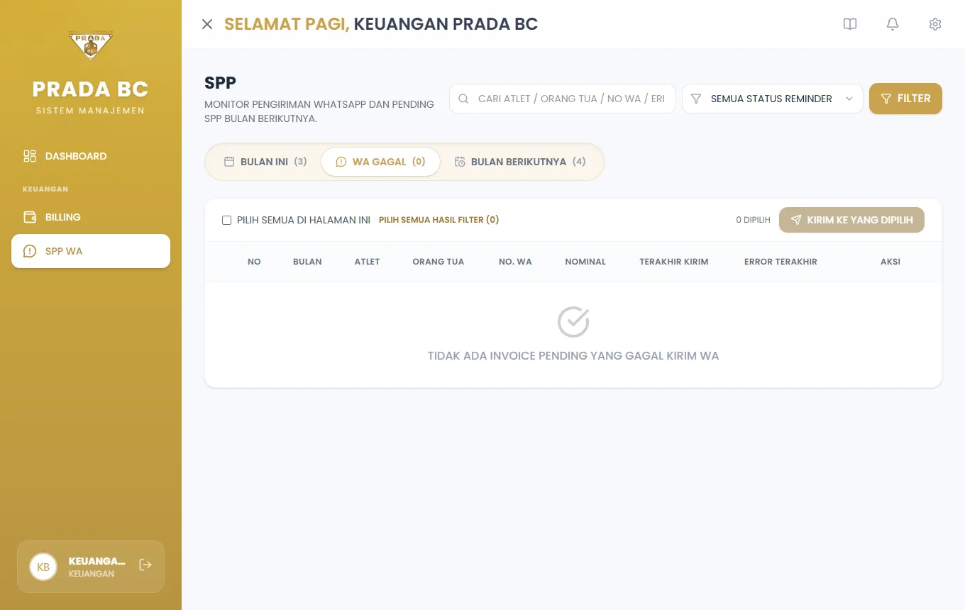 Tab **WA Gagal**: invoice yang pesannya gagal dikirim beserta pesan galatnya, siap dikirim ulang.