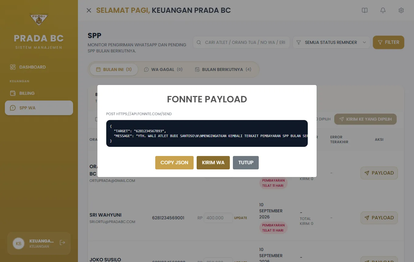 Klik **Payload** untuk melihat isi pesan sebelum dikirim: target nomor dan teks. Tombol **Copy JSON**, **Kirim WA**, dan **Tutup**.
