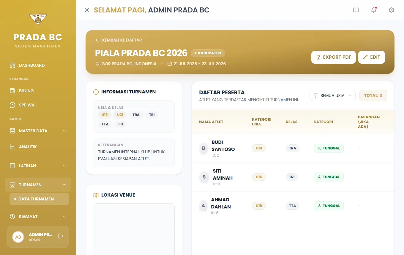 Detail turnamen: informasi usia & kelas, keterangan, peta lokasi, dan daftar peserta. Tombol **Export PDF** mencetak data dan hasil turnamen.