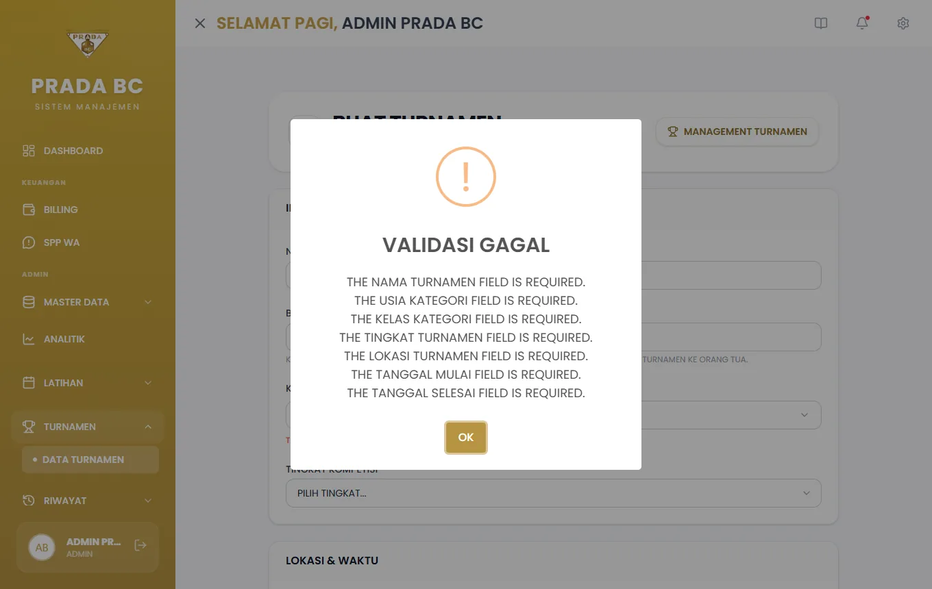Isian wajib yang kosong ditandai merah dengan pesan, mis. "The usia kategori field is required".