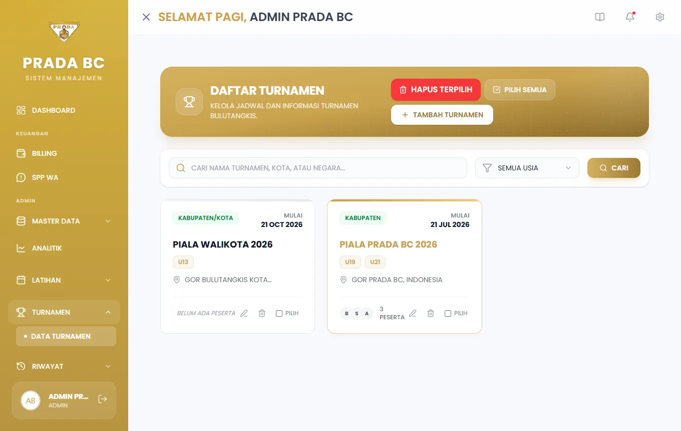 Turnamen baru tampil sebagai kartu di daftar.
