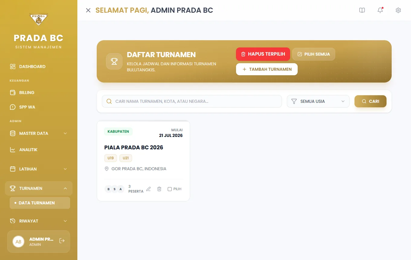 Daftar turnamen dalam bentuk kartu: tingkat, tanggal mulai, kategori usia, lokasi, dan jumlah peserta.