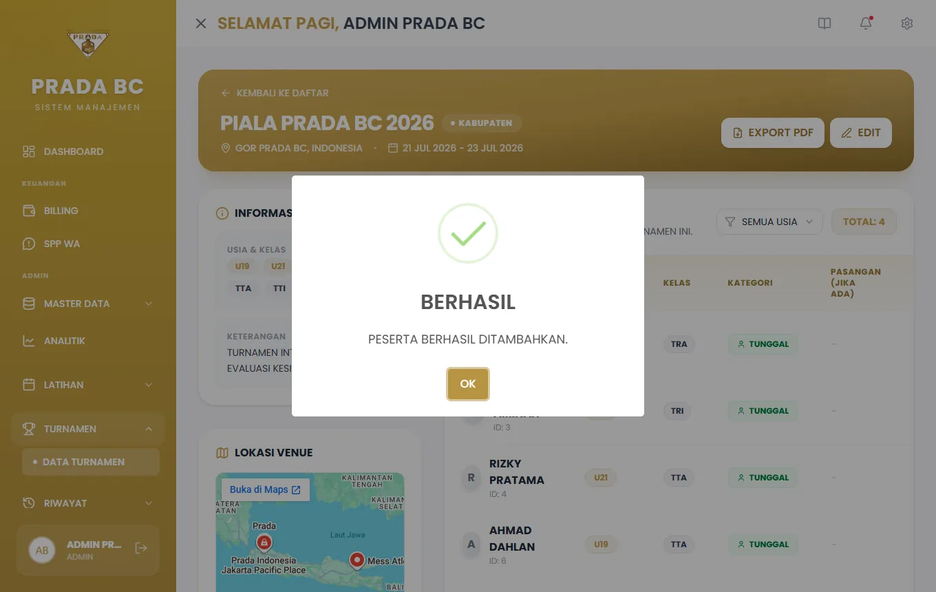 Pop-up "Peserta berhasil ditambahkan".