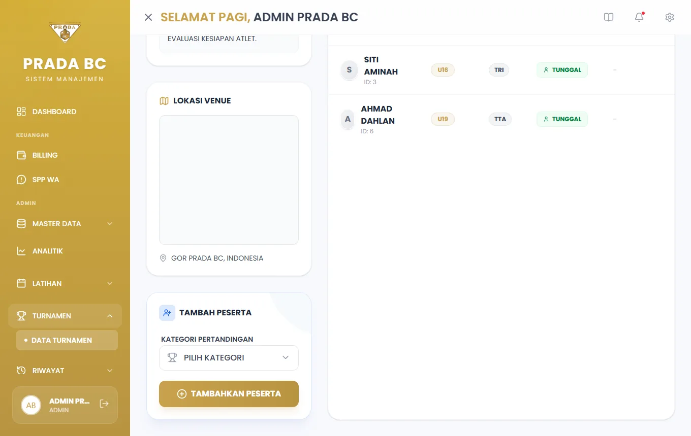 Formulir Tambah Peserta di halaman detail turnamen.